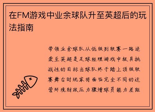 在FM游戏中业余球队升至英超后的玩法指南